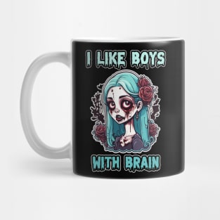 I Like Boys With Brain, Zombie Halloween Cute Pasel Blue Pink Retro Colorful Scary Mug